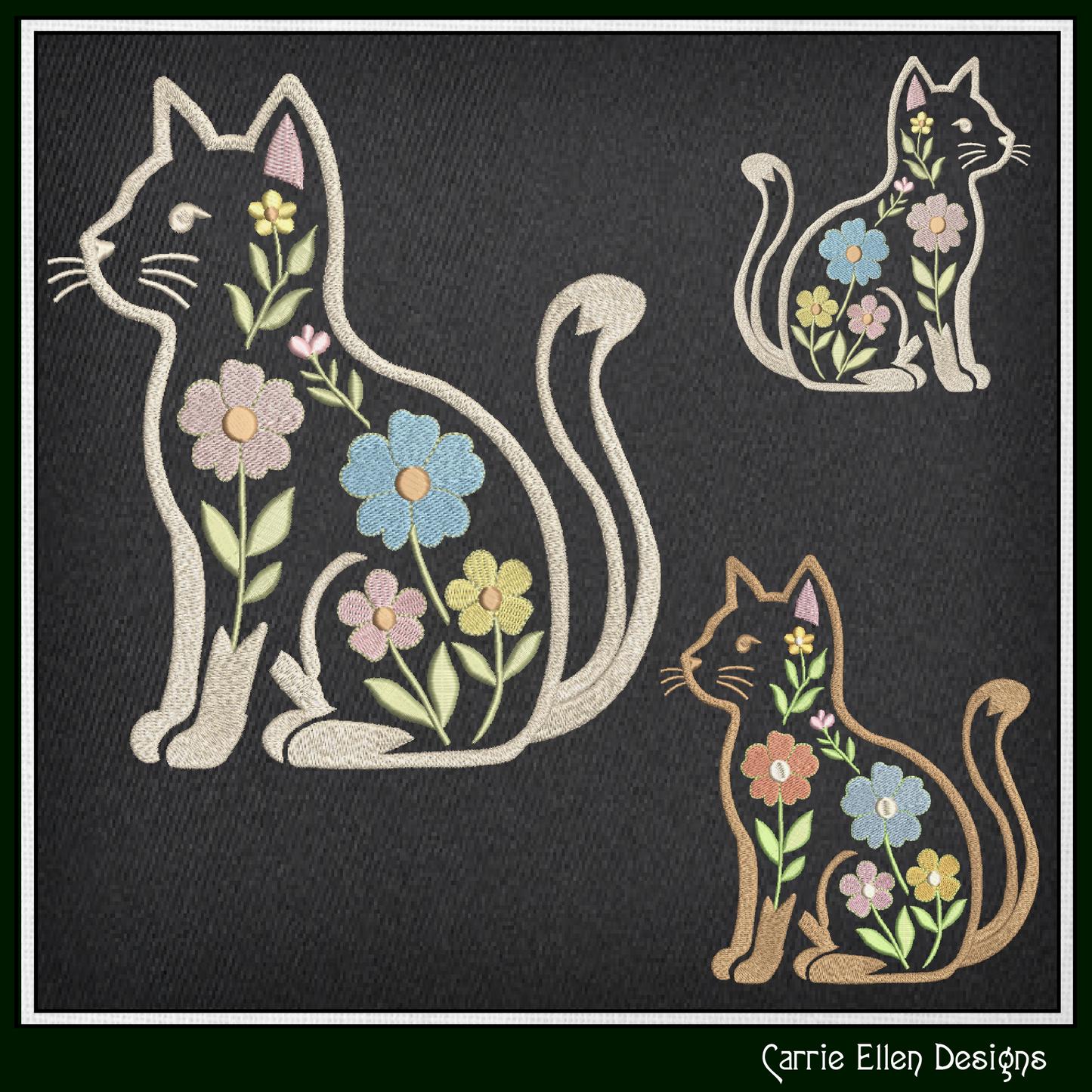 Floral cat embroidery design featuring woodland cat with flowers stitch file for pet lovers, nursery décor, quilts, and cottage-core crafts.