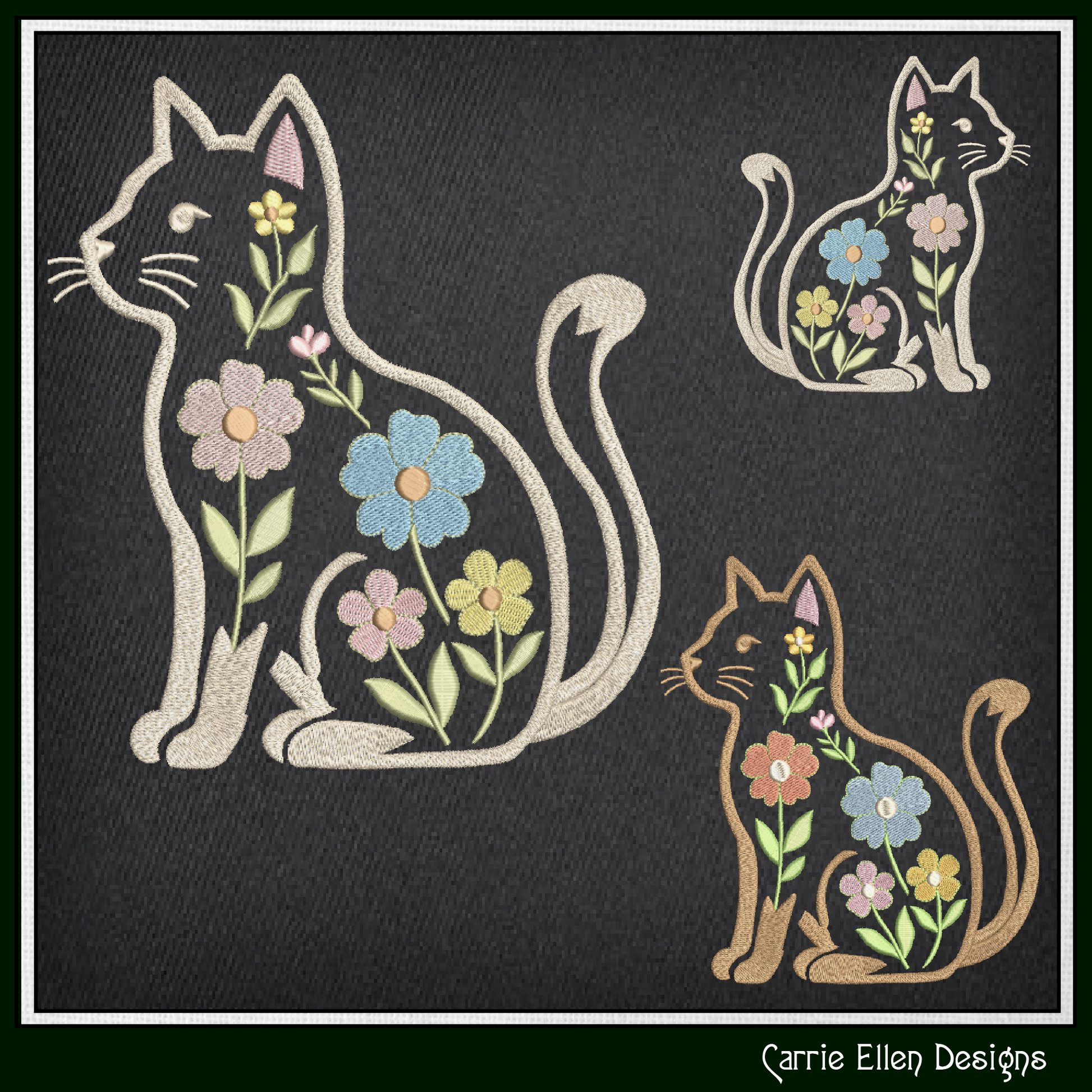 Floral cat embroidery design featuring woodland cat with flowers stitch file for pet lovers, nursery décor, quilts, and cottage-core crafts.