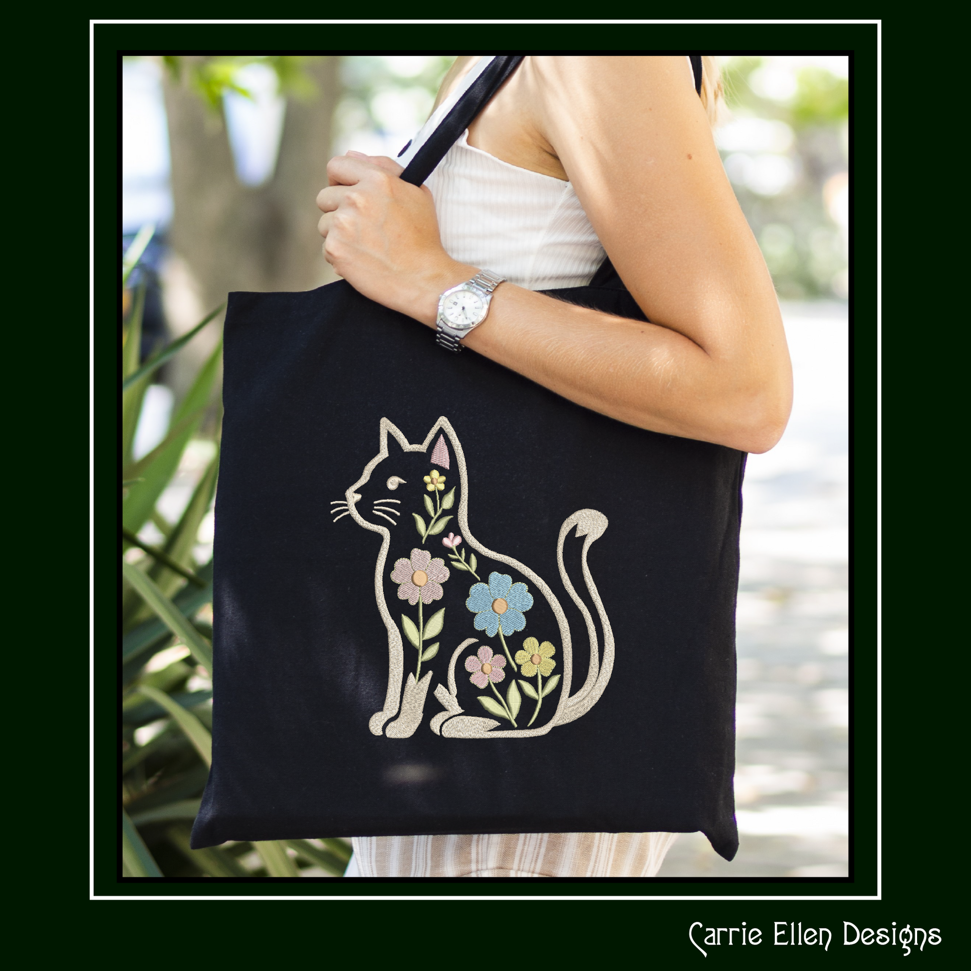 Black tote bag with Floral cat embroidery design featuring woodland cat with flowers stitch file for pet lovers, nursery décor, quilts, and cottagecore crafts.