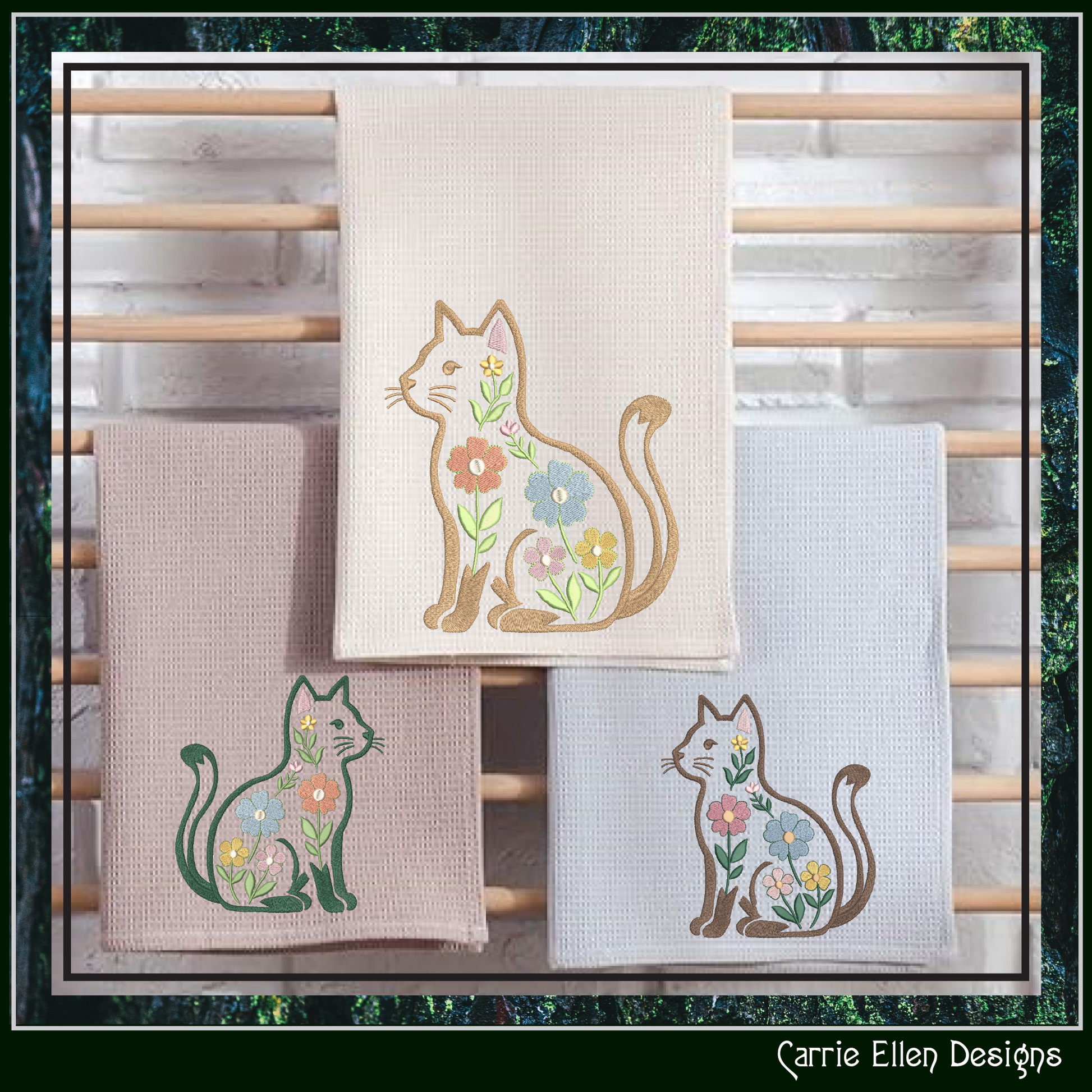 Floral cat embroidery design featuring woodland cat with flowers stitch file for pet lovers, nursery décor, quilts, and cottage-core crafts.