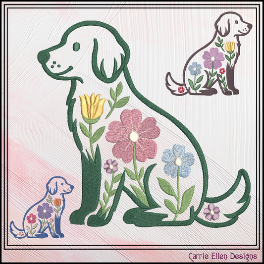 Floral Dog Machine Embroidery Design features an adorable dog silhouette accented with delicate flowers and botanical details