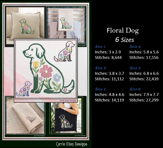 Floral dog embroidery design with size and stitch information on a black background