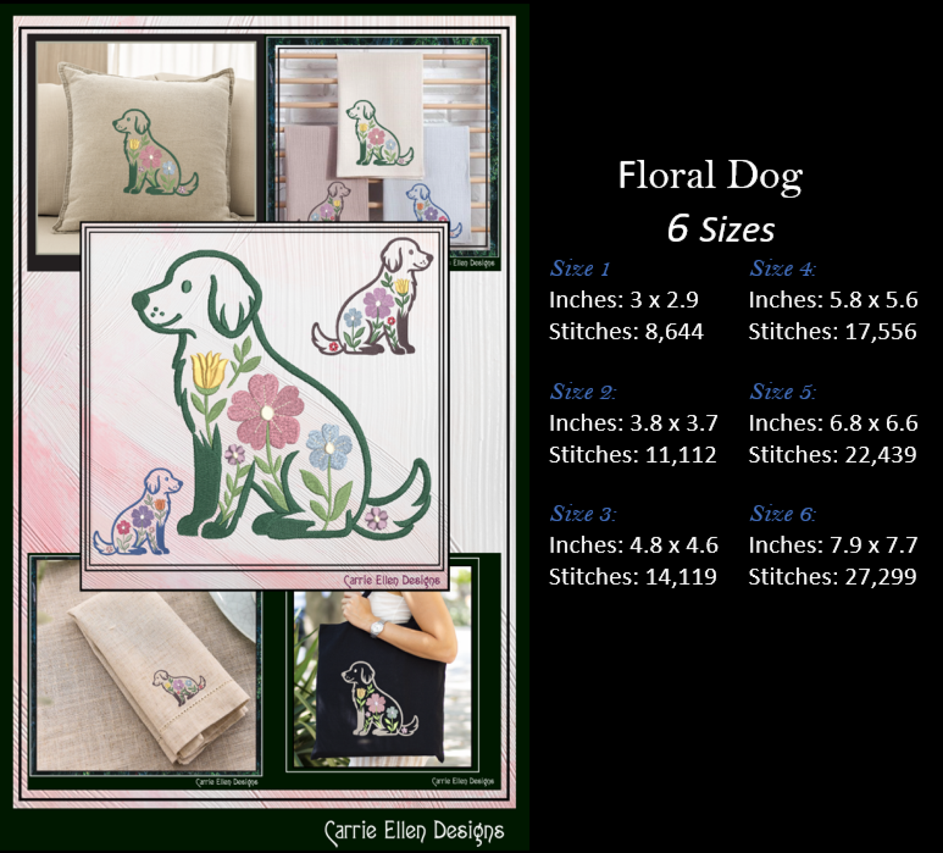 Floral dog embroidery design with size and stitch information on a black background