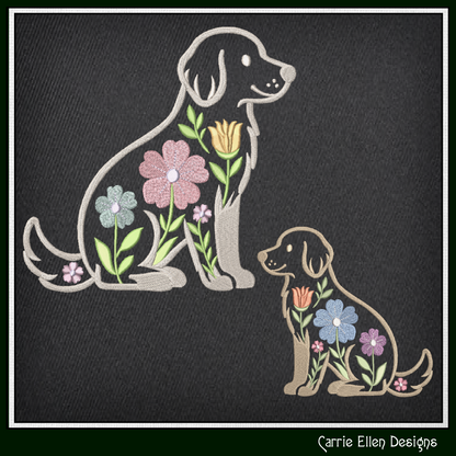 embroidery design of a Floral Dog featuring an adorable dog silhouette accented with delicate flowers and botanical details