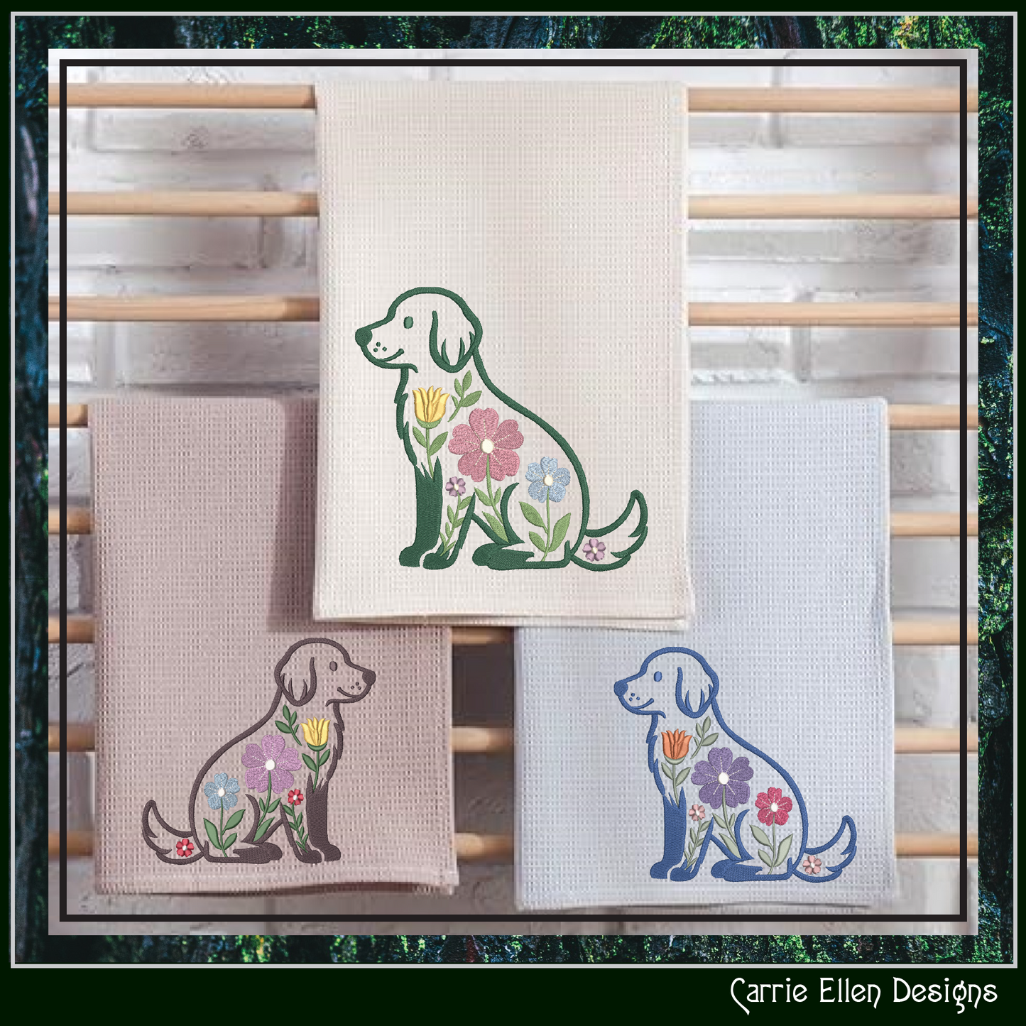 Floral Dog Machine Embroidery Design features an adorable dog silhouette accented with delicate flowers and botanical details