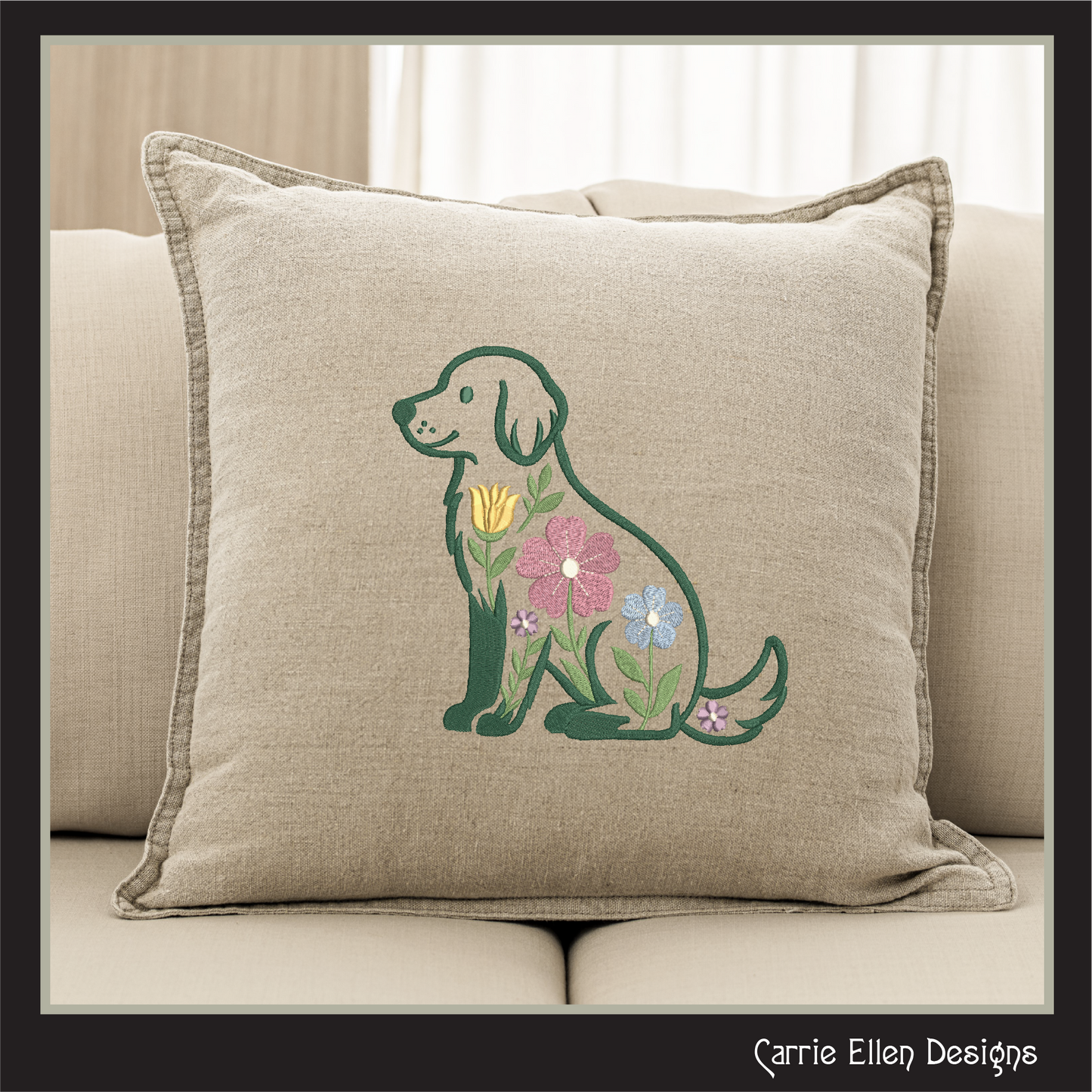 Decorative pillow with embroidered dog and flowers on a beige couch