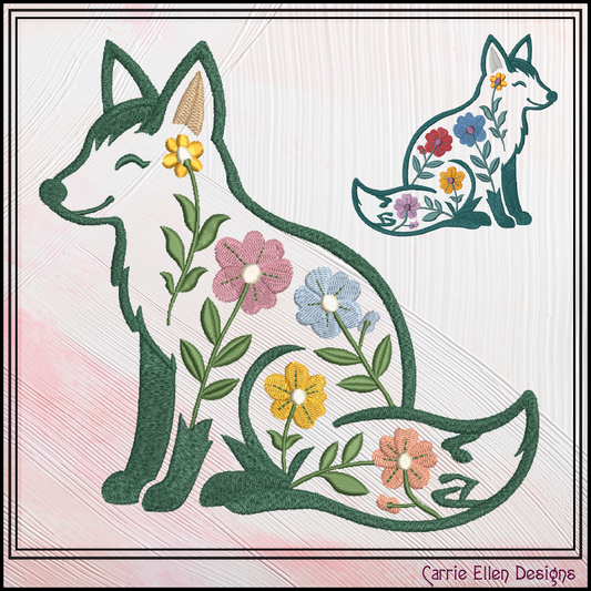 Embroidery design of a Floral fox embroidery design featuring woodland fox with flowers stitch file for nursery décor, rustic projects, quilts, and cottage-core crafts.