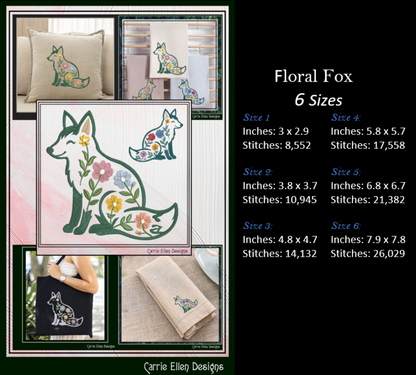 Embroidery design of a floral fox with size and stitch information on a black background.