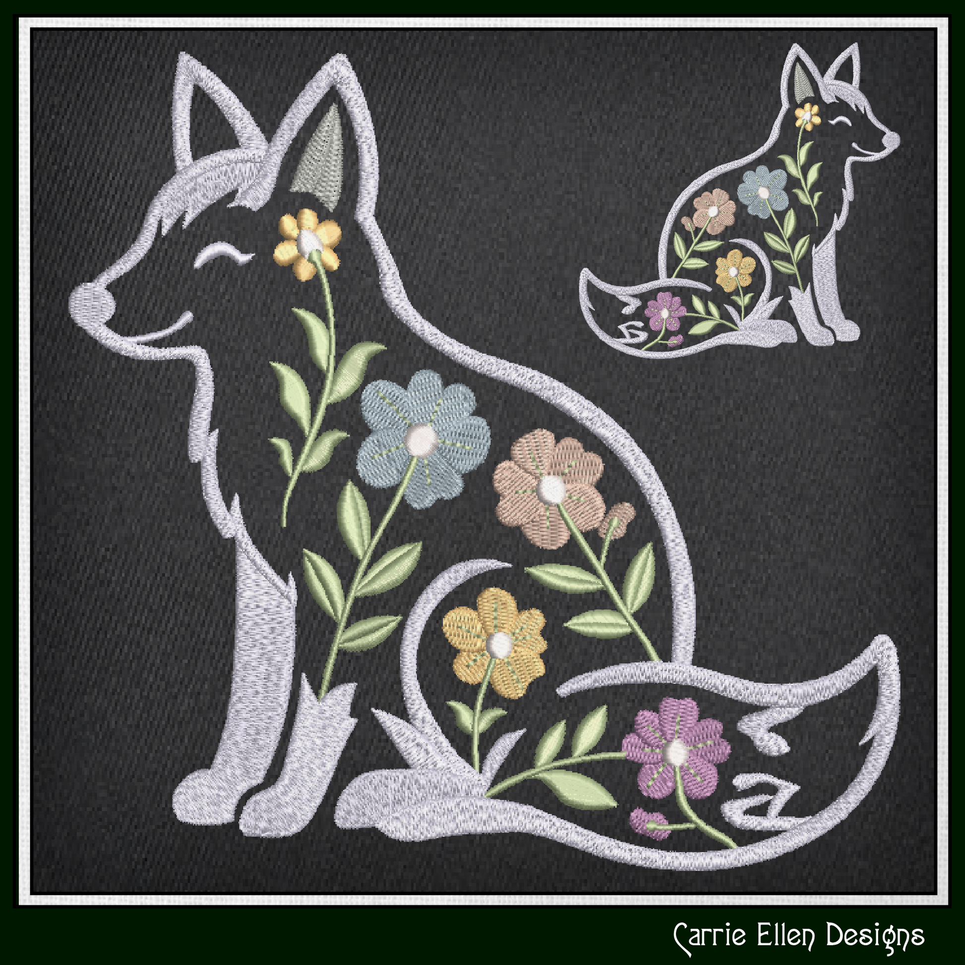 Embroidered design of a fox with floral patterns on a black background, featuring the brand 'Carrie Ellen Designs'.