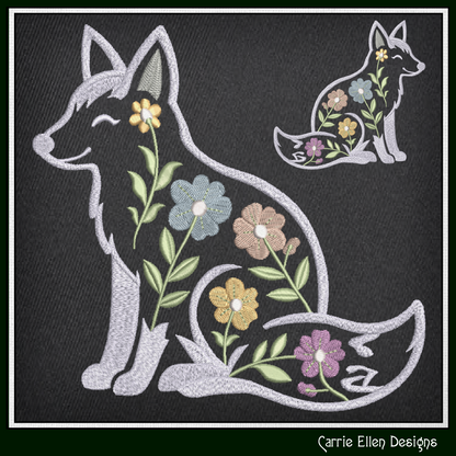 Embroidered design of a fox with floral patterns on a black background, featuring the brand 'Carrie Ellen Designs'.