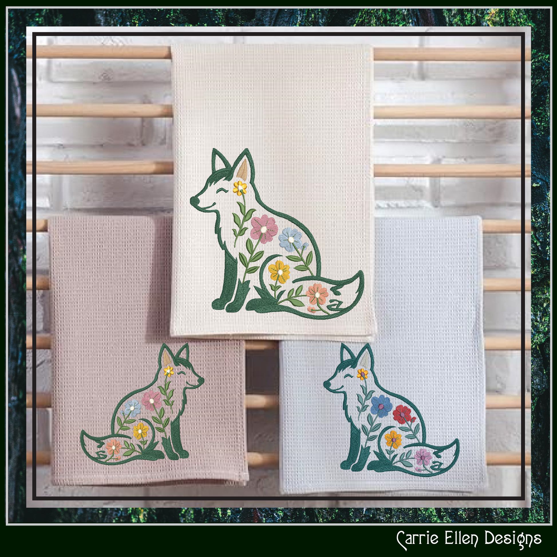 Embroidery design of a Floral fox embroidery design featuring woodland fox with flowers stitch file for nursery décor, rustic projects, quilts, and cottage-core crafts.