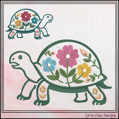 Floral Turtle Machine Embroidery Design | Woodland Turtle with Flowers Stitch File, 6 Sizes (4096)