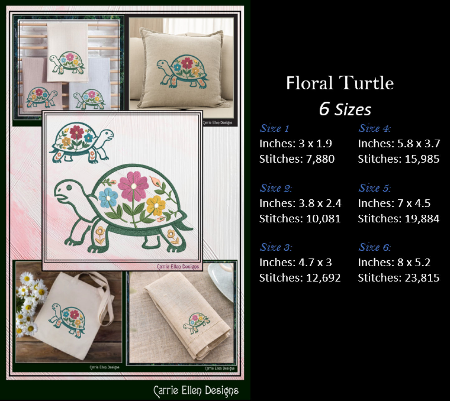 Floral turtle embroidery design with size specifications and Carrie Ellen Designs branding.