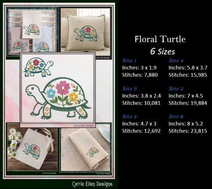 Floral turtle embroidery design with size specifications and Carrie Ellen Designs branding.