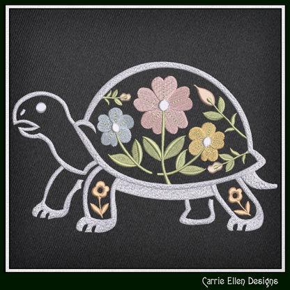 Floral Turtle Machine Embroidery Design | Woodland Turtle with Flowers Stitch File, 6 Sizes (4096)