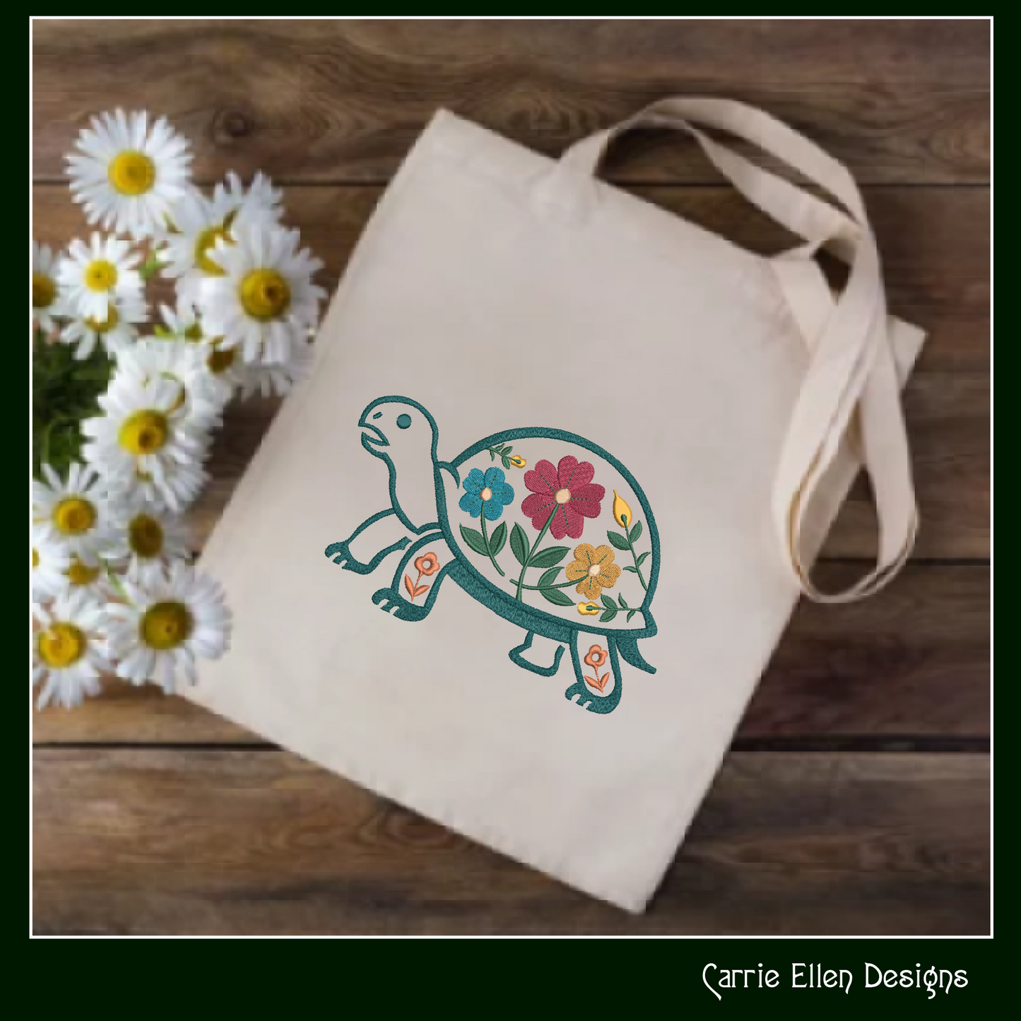 Floral Turtle Machine Embroidery Design | Woodland Turtle with Flowers Stitch File, 6 Sizes (4096)