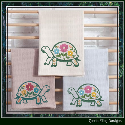 Floral Turtle Machine Embroidery Design | Woodland Turtle with Flowers Stitch File, 6 Sizes (4096)