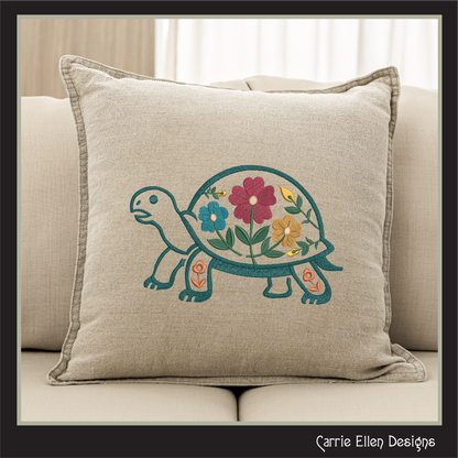 Floral Turtle Machine Embroidery Design | Woodland Turtle with Flowers Stitch File, 6 Sizes (4096)