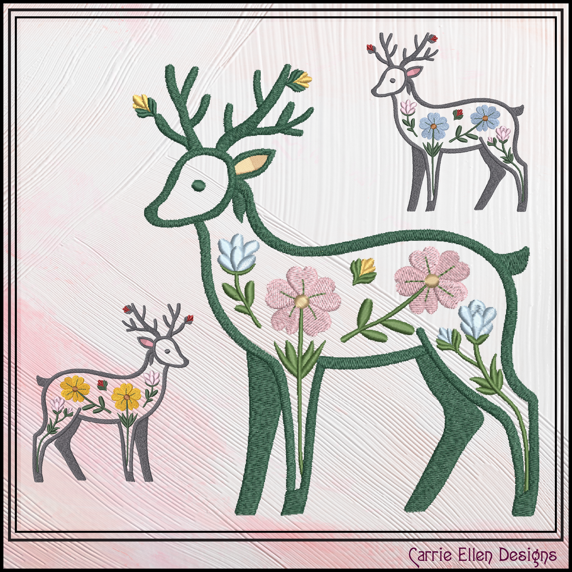 Deer design with floral patterns on a light pink background, featuring the brand 'Carrie Ellen Designs'.