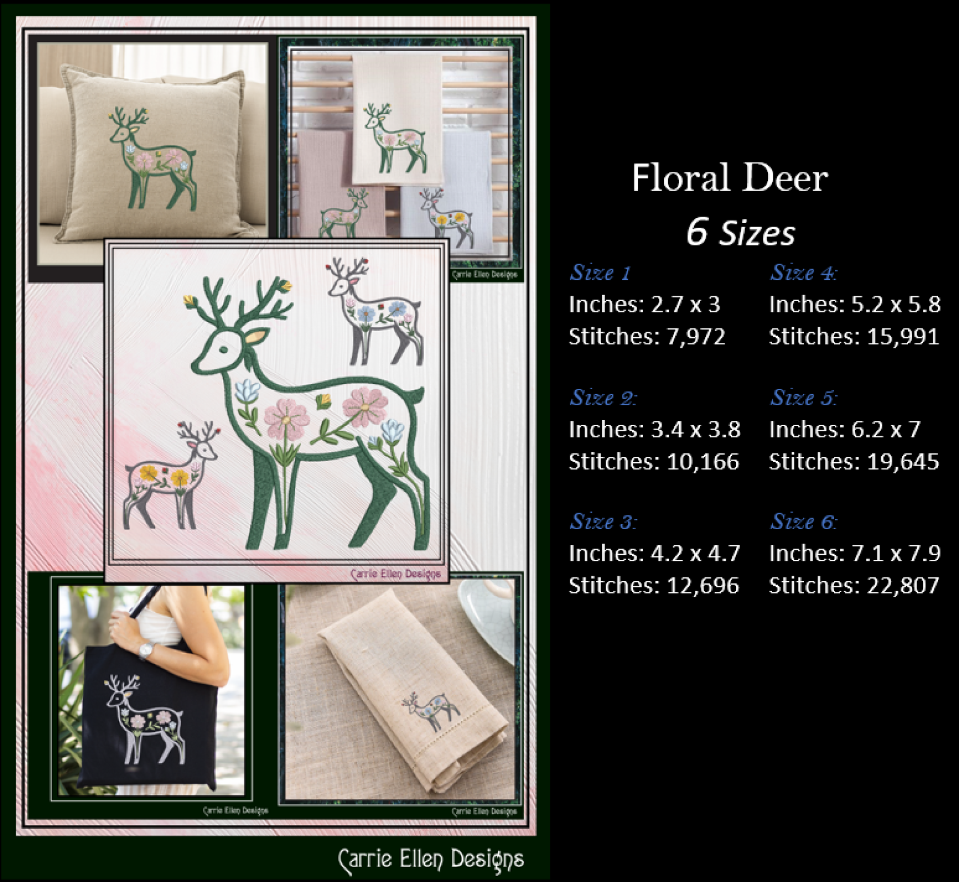 Collage of floral deer designs with size and stitch information on a white background.