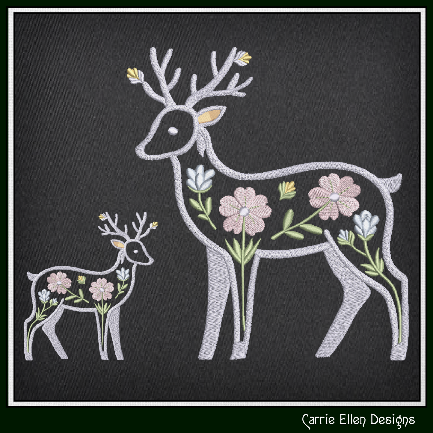 Embroidered design of deer with flowers on a black background, Kitchen towels featuring an elegant deer silhouette accented with delicate flowers and botanical details.