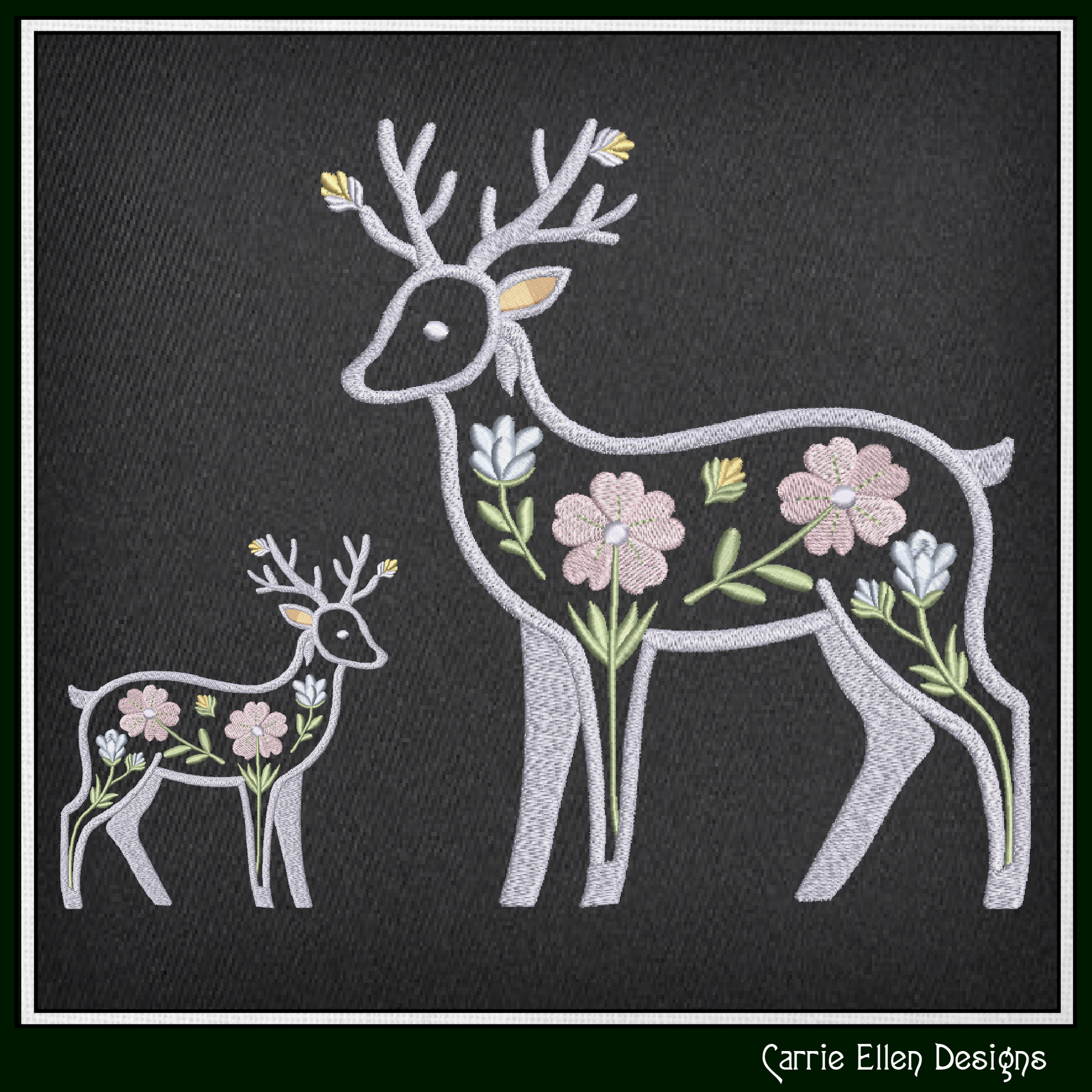 Embroidered design of deer with flowers on a black background, Kitchen towels featuring an elegant deer silhouette accented with delicate flowers and botanical details.