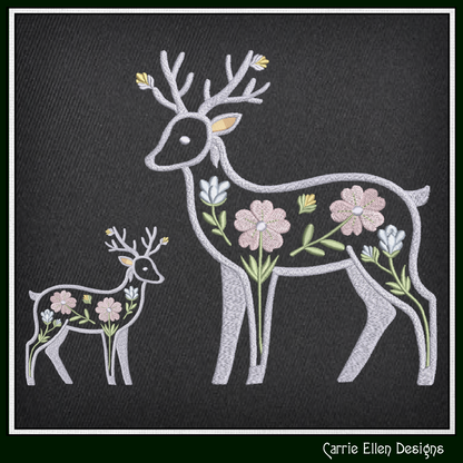 Embroidered design of deer with flowers on a black background, Kitchen towels featuring an elegant deer silhouette accented with delicate flowers and botanical details.
