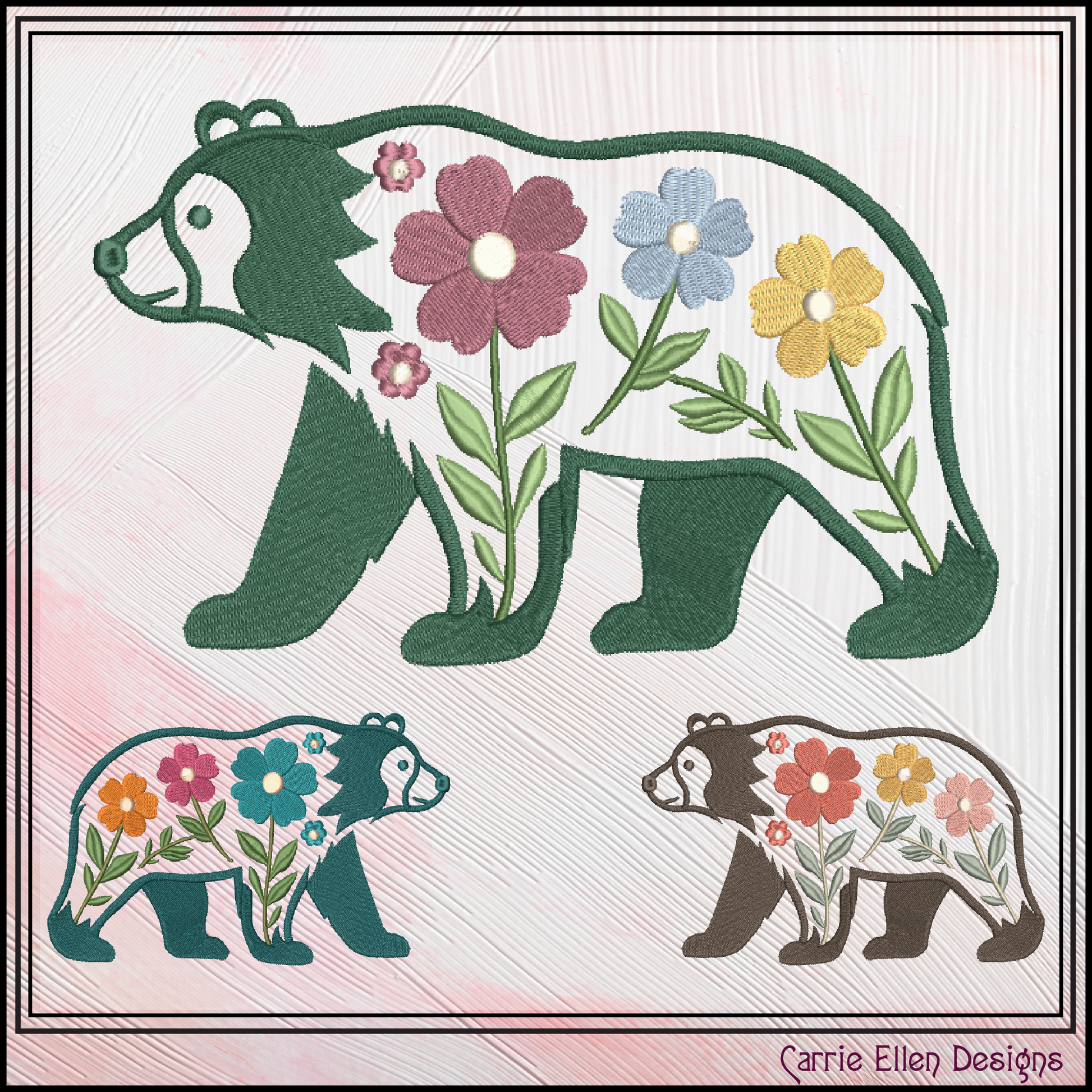 Decorative design of bears with floral patterns on a textured background, featuring the brand 'Carrie Ellen Designs'.