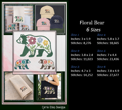 Collage of floral bear designs with size and stitch information on a black background