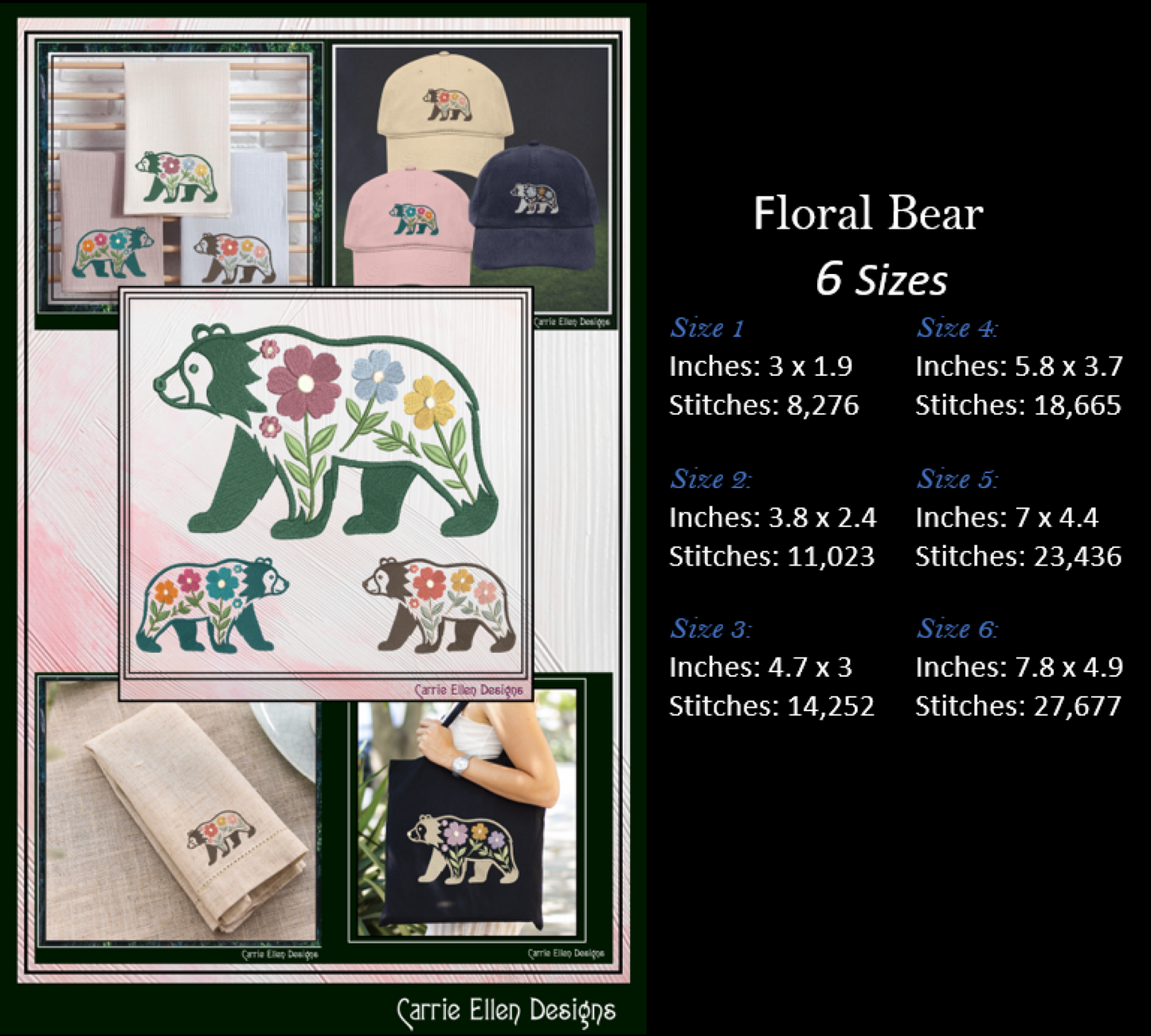 Collage of floral bear designs with size and stitch information on a black background