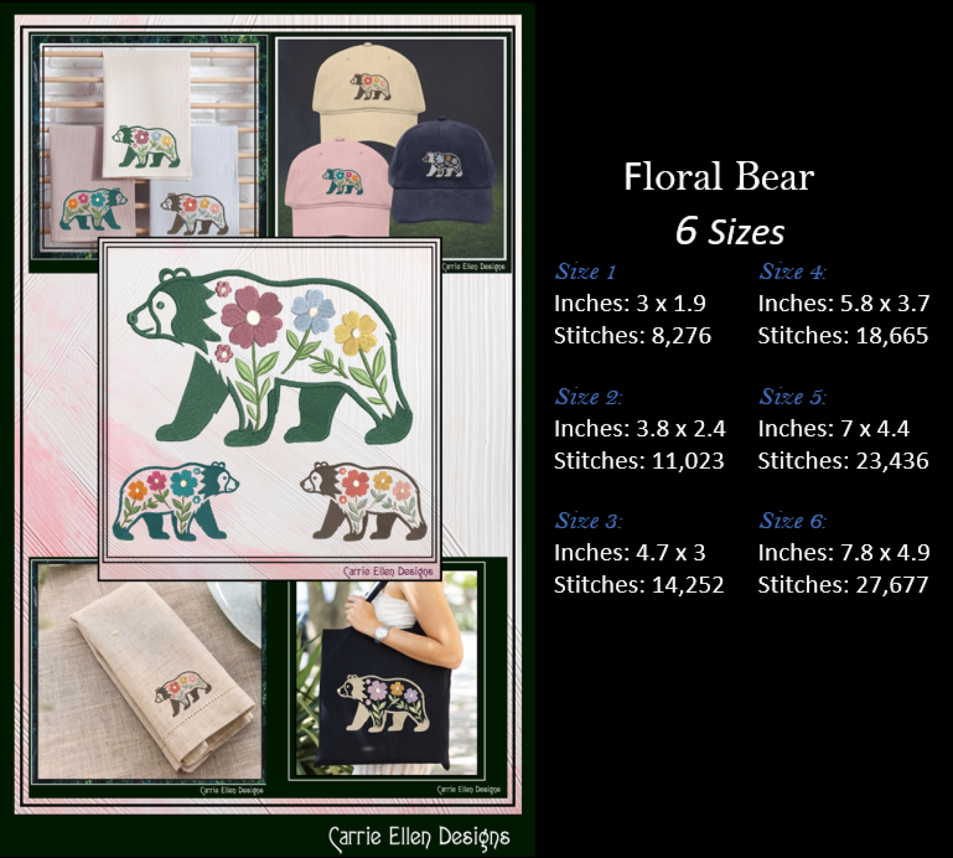 Collage of floral bear designs with size and stitch information on a black background