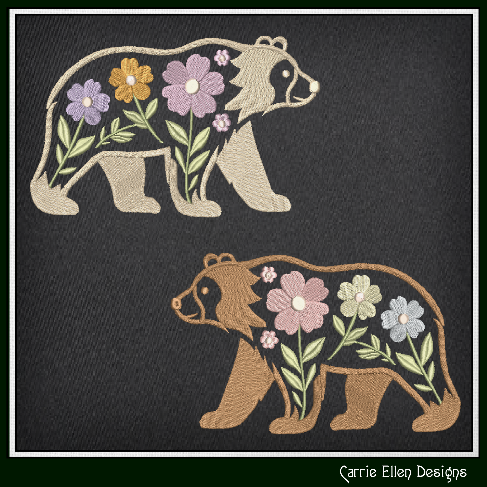Embroidered bears with floral designs on a black background, featuring the brand 'Carrie Ellen Designs'.