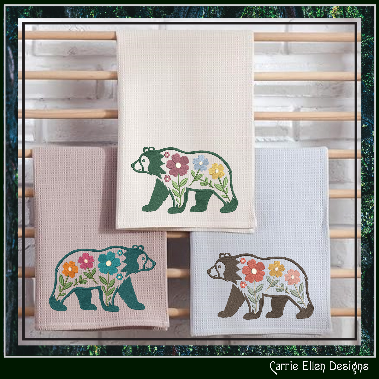 Set of three towels with bear designs and floral patterns on a wooden rack.