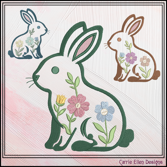 Floral Rabbit Machine Embroidery Design | Woodland Bunny with Flowers Stitch File, 6 Sizes (4099)