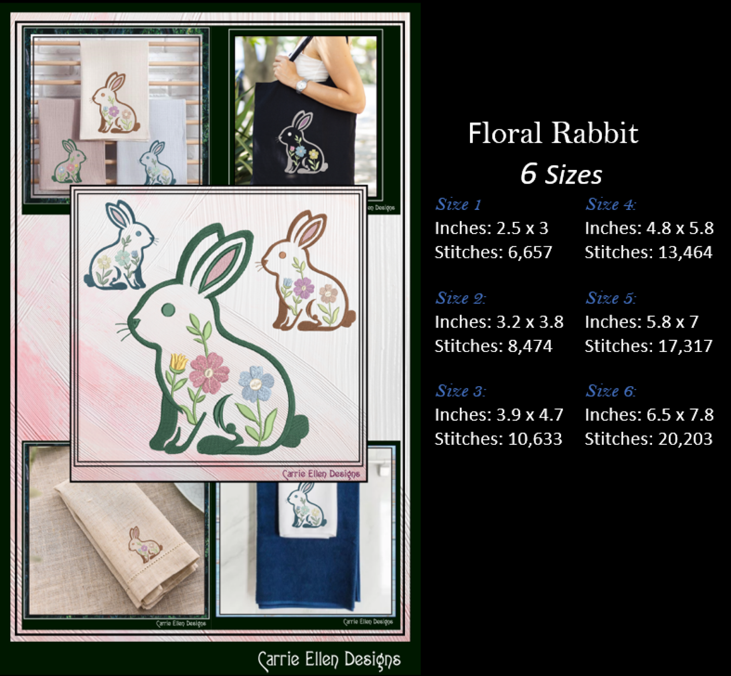Collage of floral rabbit designs with details on stitch counts and sizes, featuring Carrie Ellen Designs branding.
