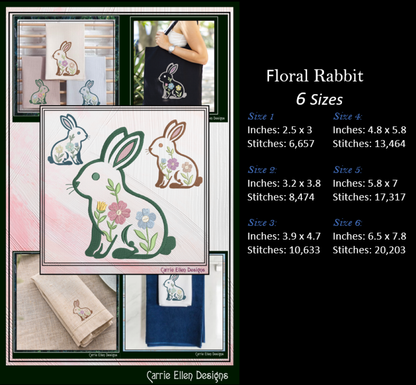 Collage of floral rabbit designs with details on stitch counts and sizes, featuring Carrie Ellen Designs branding.