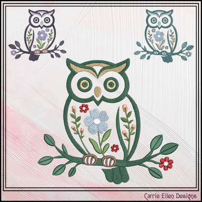 Decorative owl design with floral elements on a light background, featuring the brand 'Carrie Ellen Designs'.