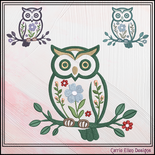Decorative owl design with floral elements on a light background, featuring the brand 'Carrie Ellen Designs'.