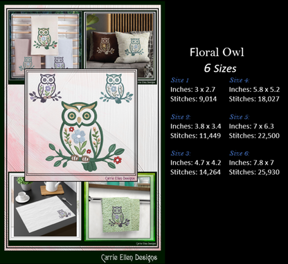 Floral Owl Machine Embroidery Design | Woodland Owl with Flowers Stitch File, 6 Sizes (4100)