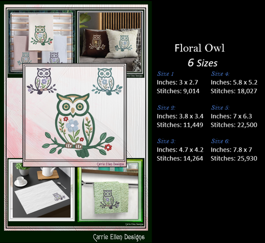 Floral Owl Machine Embroidery Design | Woodland Owl with Flowers Stitch File, 6 Sizes (4100)