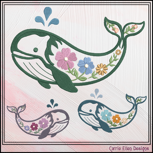 Floral Whale Machine Embroidery Design | Ocean Whale with Flowers Stitch File, 6 Sizes (4101)