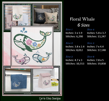 Floral whale design with size and stitch information on a black background