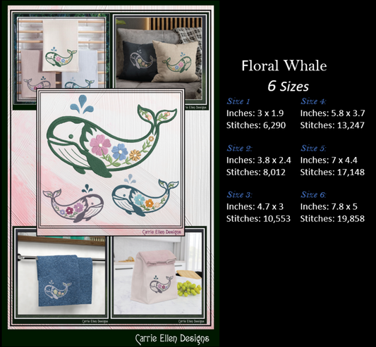 Floral whale design with size and stitch information on a black background