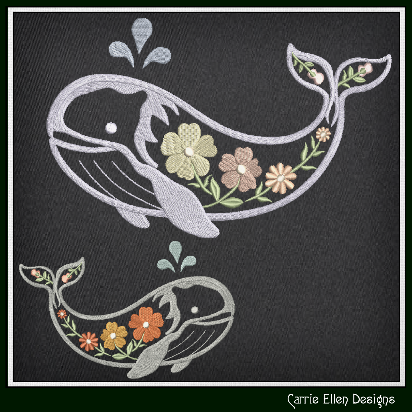 Floral Whale Machine Embroidery Design | Ocean Whale with Flowers Stitch File, 6 Sizes (4101)