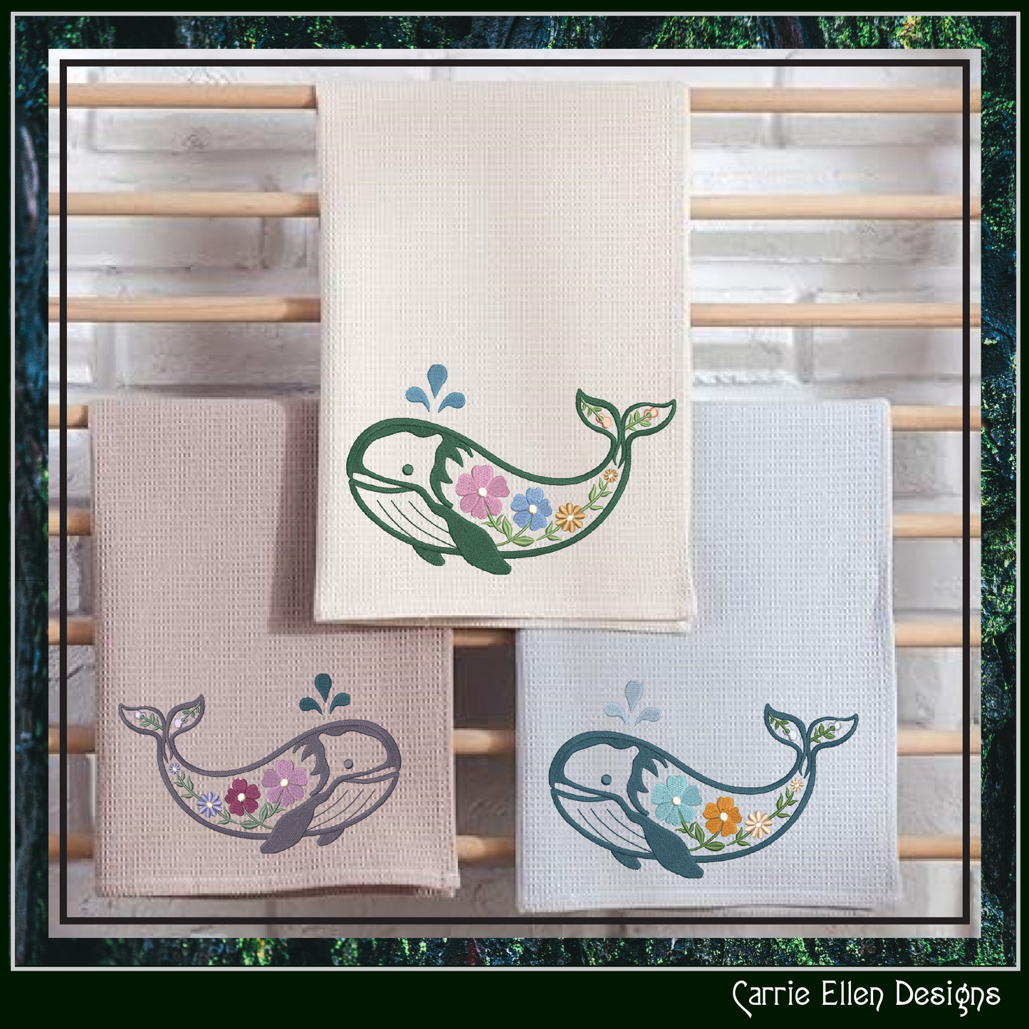 Floral Whale Machine Embroidery Design | Ocean Whale with Flowers Stitch File, 6 Sizes (4101)