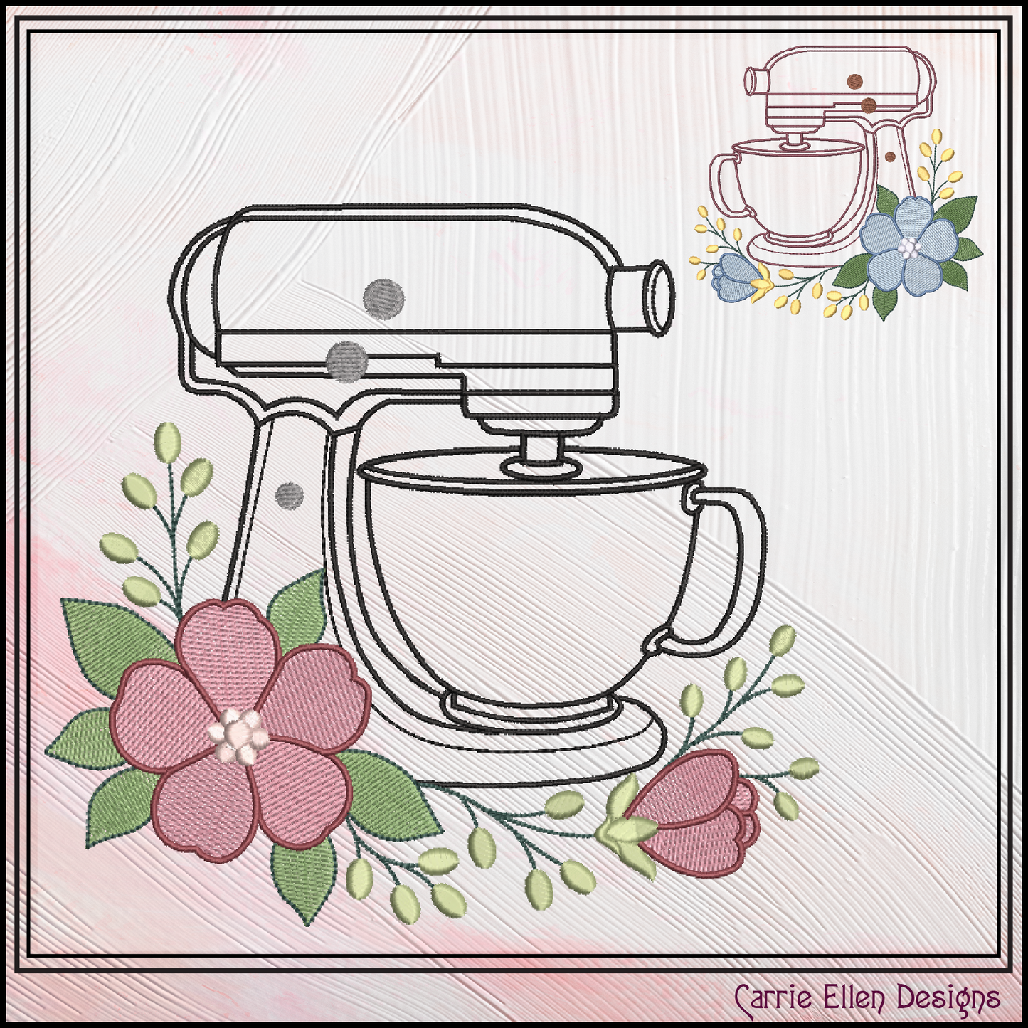 Floral Kitchen Mixer Machine Embroidery Design | Baking Mixer with Flowers Stitch File, 6 Sizes (4108)