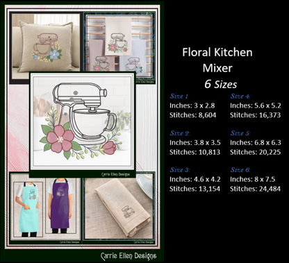 Floral Kitchen Mixer Machine Embroidery Design | Baking Mixer with Flowers Stitch File, 6 Sizes (4108)