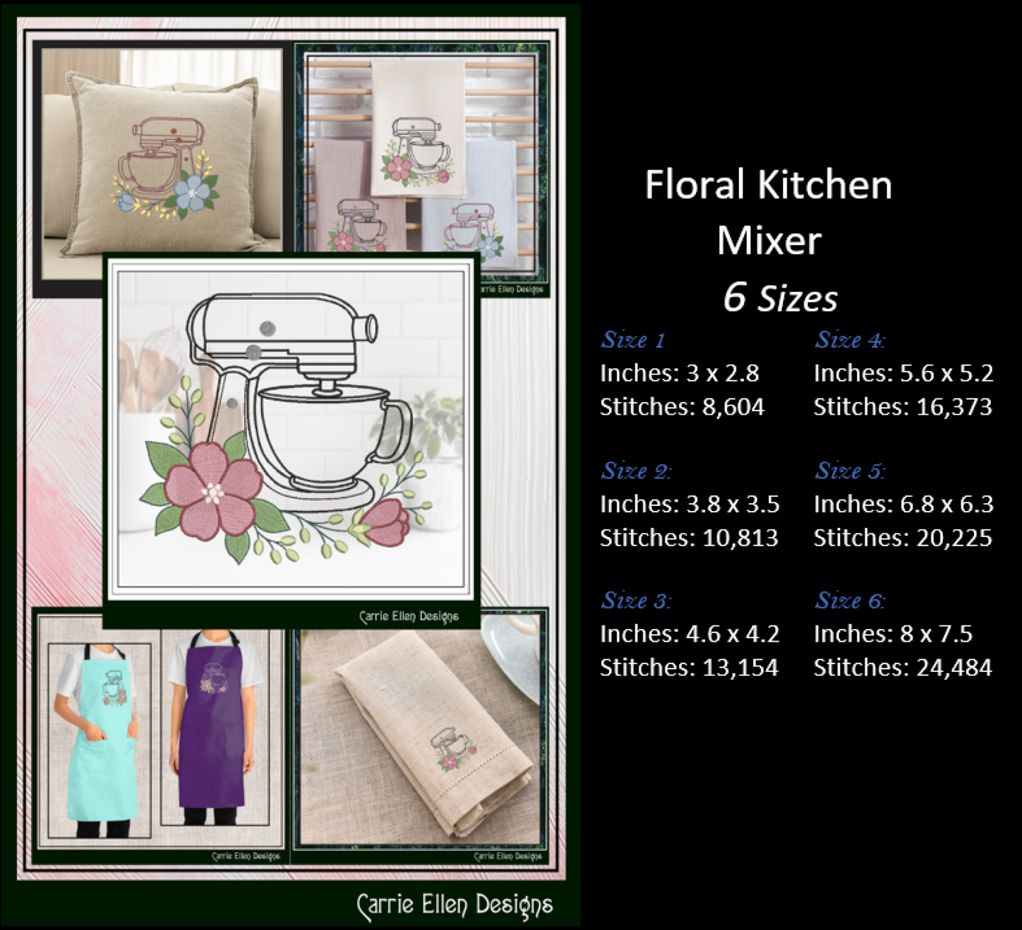 Collage of floral kitchen mixer designs with size and stitch information on a black background.