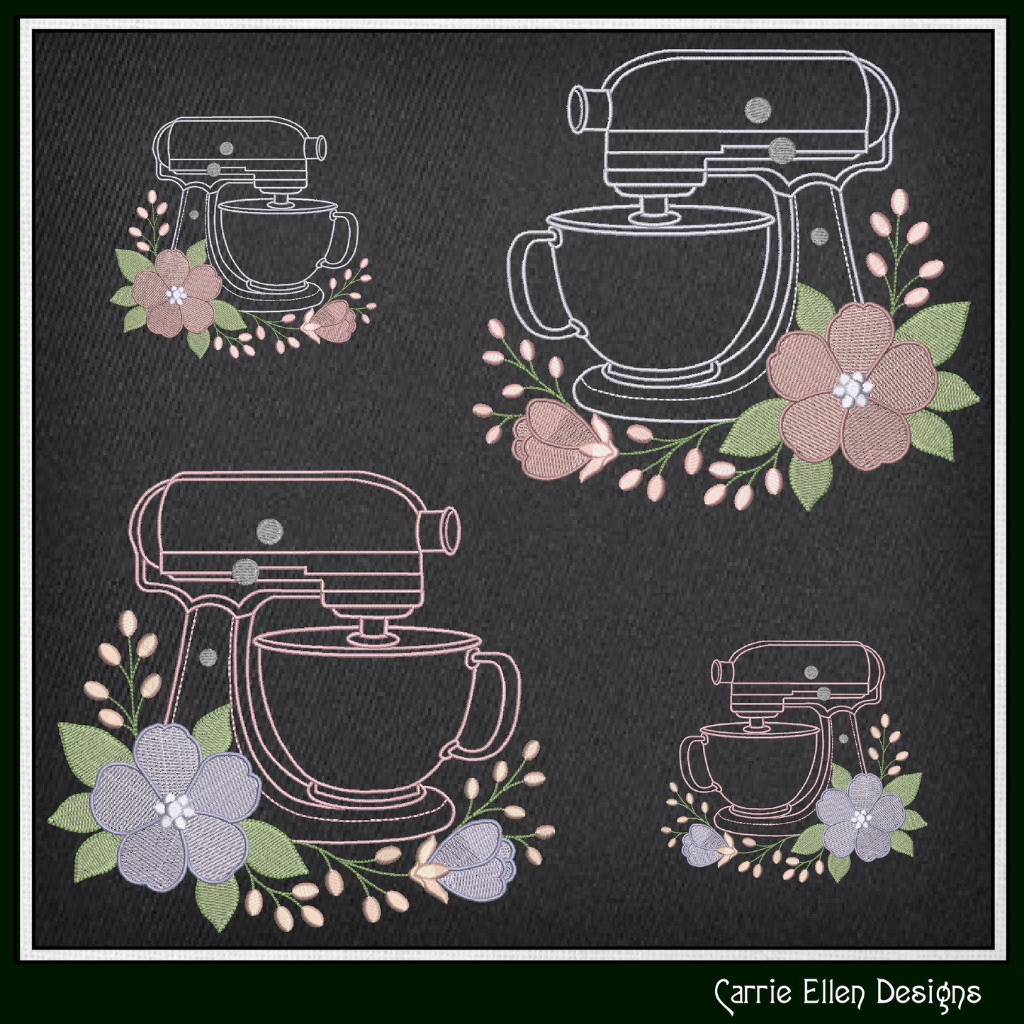 Floral Kitchen Mixer Machine Embroidery Design | Baking Mixer with Flowers Stitch File, 6 Sizes (4108)