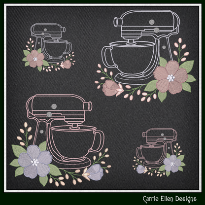 Floral Kitchen Mixer Machine Embroidery Design | Baking Mixer with Flowers Stitch File, 6 Sizes (4108)